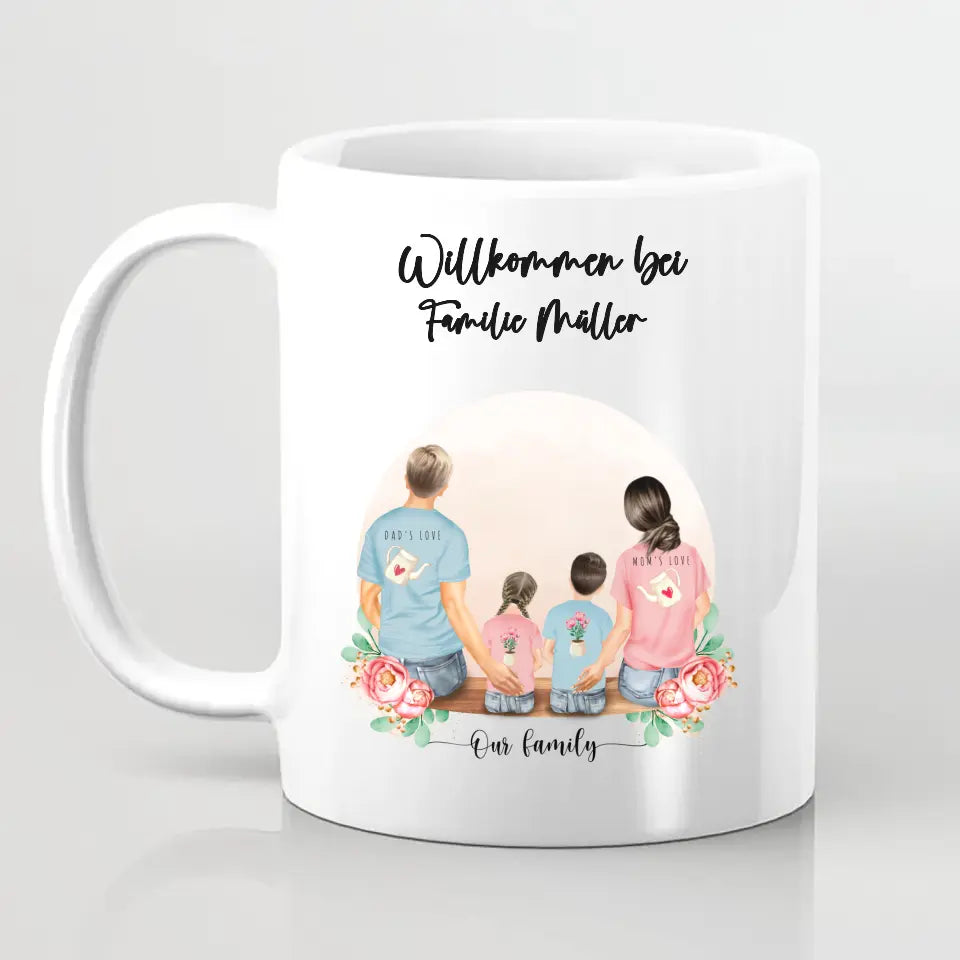 Vater und Mutter mit zwei Kindern - Personalisiertes Geschenk - Tassen