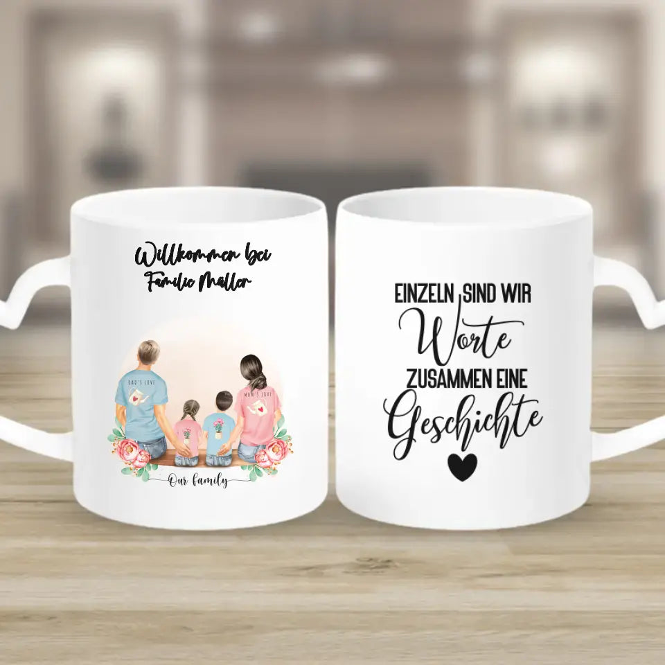 Vater und Mutter mit zwei Kindern - Personalisiertes Geschenk - Tassen